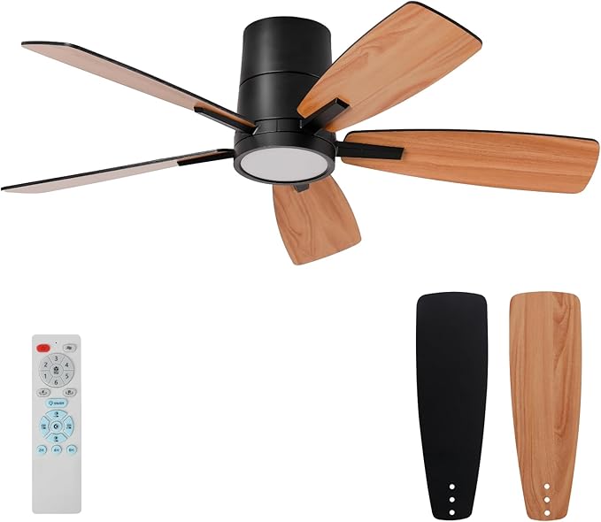 TALOYA 42 inch Ceiling Fans with Lights,Ultra Quite Low Profile Ceiling Fan with Light and Remote Control,Flush Mount, Reversible, Dimmable,Modern Ceiling Fan for Bedroom Kids Room Black