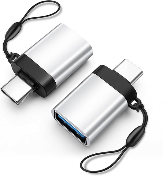 USB-C to USB-A Adapter (2-Pack), USB3.0 Data Transfer and Interface Conversion, Charging, OTG Support with Anti-Loss Cord - Silver