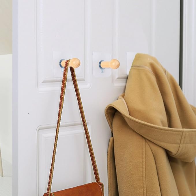Wooden Adhesive Hat Hooks for Wall 8lb-No Drill Adhesive Hangers, Sticky Hat Hanger Stick On Door Closet Cabinet Wardrobe Entryway-8 Packs