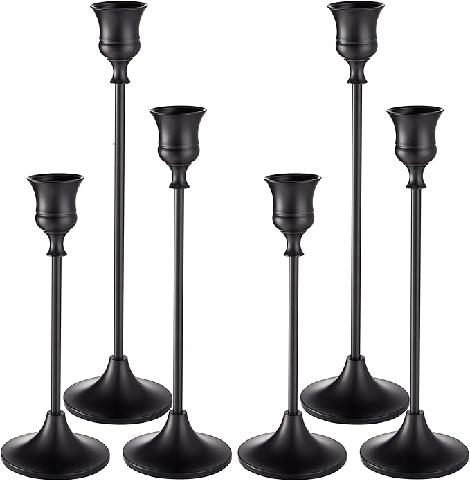 Black Candlestick Holders, Taper Candle Holders, Set of 6 Matte Black Candle Holder Set, Vintage Table Centerpiece for Wedding Christmas Holiday