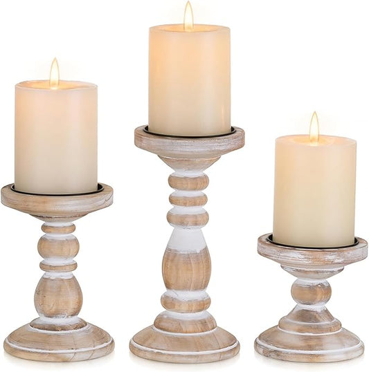 Wood Pillar Candle Holder: 3Pcs Rustic White Candle Holders for Pillar Candles Wood Candle Holders Distressed Wooden Farmhouse Candle Holder Large Rustic Candle Holder for Fireplace Table