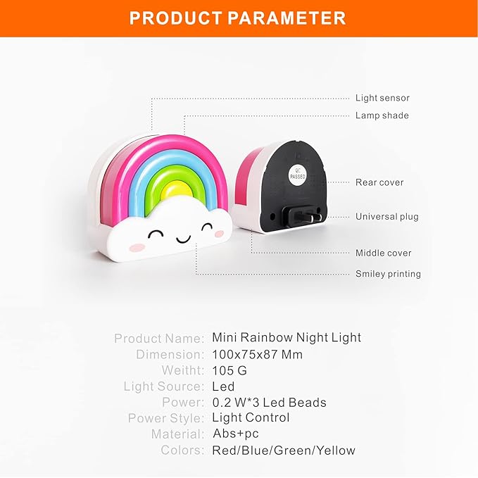 amezin Rainbow Night Light,0.5w Plug in Night Light for Kids, LED Dusk to Dawn Sensor Cute Nursery Gift Nightlight for Baby Children Girl Boy Toddler