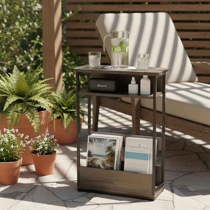 Vintage Narrow Side Table with Storage Shelf, 3 Tier Slim End Table Modern Sofa Table for Narrow and Small Spaces, 24.6 Inch Height Bedside Table Nightstand (Grey, Large)