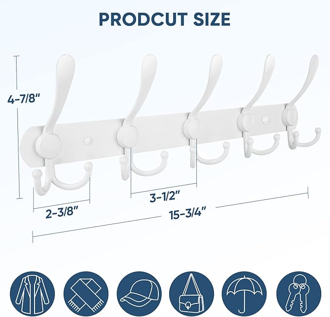 TICONN Wall Mounted Coat Rack, Five Heavy Duty Tri Hooks All Metal Construction for Jacket Coat Hat in Mudroom Entryway (White, 2-Pack)
