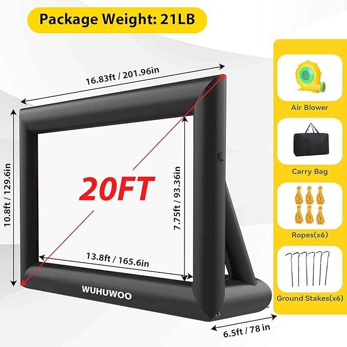 Inflatable Movie Screen Outdoor, 20FT Blow Up Projector Screen for Outside with Air Blower and Carry Bag, Support Front & Rear Projection Easy Set Up for Backyard Movie Night Pool Party
