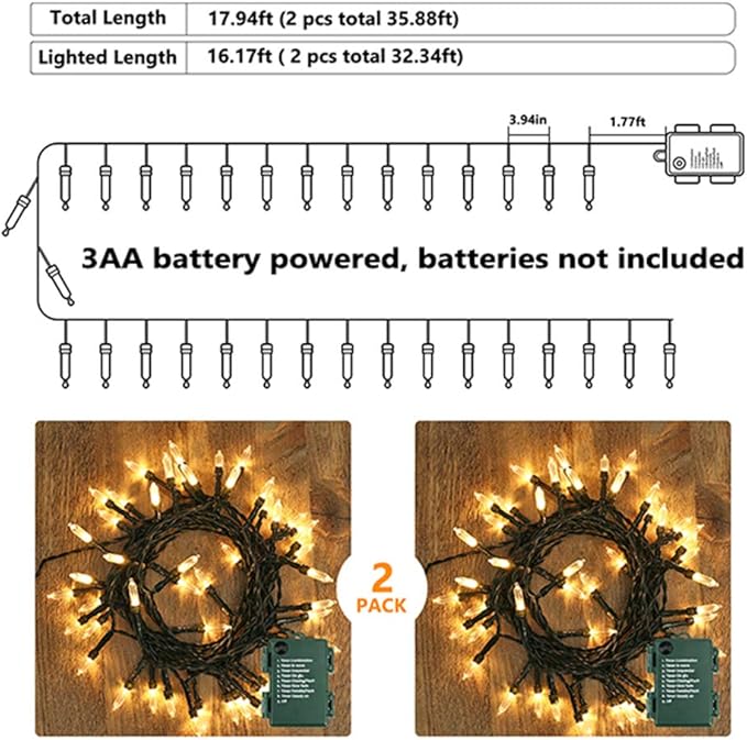 BrizLabs Battery Christmas Lights, 17.94ft 50 LED Warm White Christmas Lights, Green Wire Christmas String Light Indoor/Outdoor, 8 Modes Decorative Holiday Light for Xmas Tree, Wreath, Wedding, 2 Sets