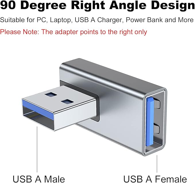 AreMe 90 Degree USB 3.0 Adapter 2 Pack, Right Angle USB A Male to Female Converter Extender for PC, Laptop, USB A Charger, Power Bank and More (Grey)