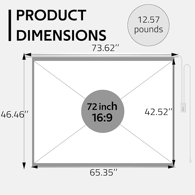 YODOLLA 72" Projector Screen Motorized 16:9, 4K HD Pull Down Retractable Projection Screens Electric Automatic Wall Ceiling Movie Screen for Office Classroom Indoor