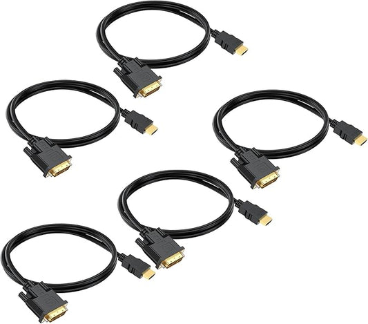 HDMI to DVI Cable 3ft 5-Pack, Bidirectional DVI-D to HDMI 19 Pin Cord Adapter Cord 1080P Video High Speed Compatible for Computer, PC, Raspberry Pi, Roku, Xbox One, PS4 PS3, Graphics Card