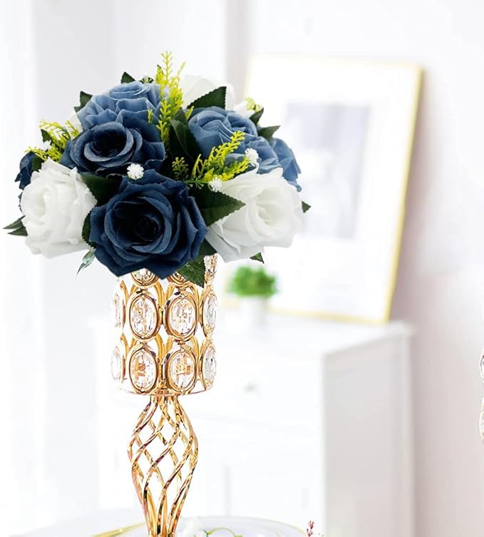10Pcs Fake Flower Ball Arrangement Bouquet, 9.5" 15 Heads Plastic Roses with Base,Suitable for Parties Valentine's Day Wedding Centerpiece Flower Rack and Home Décor (Dusty Blue & White)
