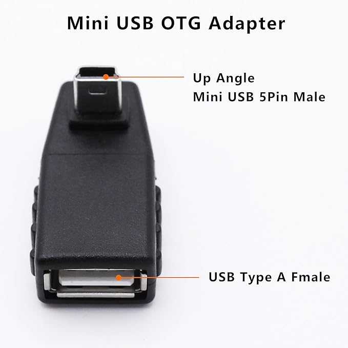 90 Degree Mini USB to USB A OTG Adapter,Up Angle Mini USB 5-Pin Type B Male to USB Type A Female Adapter Converter for Digital Cameras,Black(2 Pack,UP)