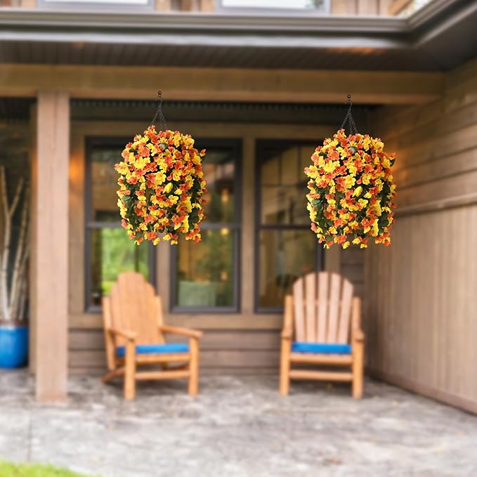 Artificial Hanging Flowers Basket for Fall Autumn Outdoor Decor,Faux Silk Begonia in Planter Look Real UV Resistant for Porch Home Patio Garden Yard Decoration