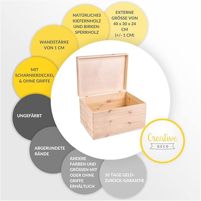 XXL Large Plain Wooden Box Storage Hinged Lid | 15.8x11.8x9.44 inches (+-0.5) | Unpainted Gift Box Tool Dog Toy Clothes Kitchen Storage Document | Rough & UNSANDED Wood Keepsake Chest