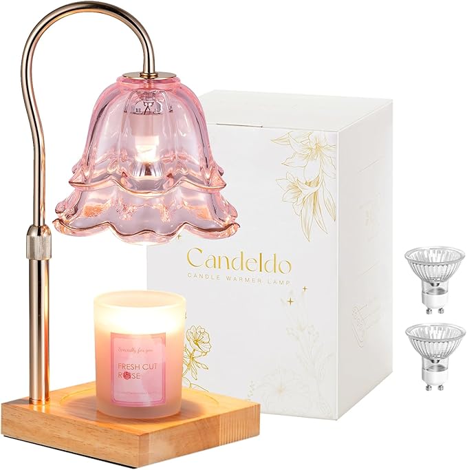 Candle Warmer Lamp with Timer: Pink Flower Candle Warming Lamp with 2 Bulbs Height Adjustable Wax Warmer Dimmable Bedroom Decor Birthday Gift for Women