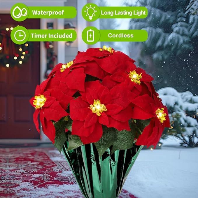 2 Pack 18" Lighted Large Artificial Poinsettias for Outdoors LED Poinsettia Flowers Artificial Faux Poinsettia Plants Poinsettia Christmas Decorations for Office Home Kitchen Decor (Green Paper)