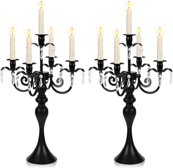 20''Tall Black Crystal Pendant Taper Candle Holders/Stylish Candle Stands/Candlesticks Holder/Candelabra for Home Decor, Weddings/Parties/Elegant Dining Table Centerpiece (2, Black, 5 Arm)