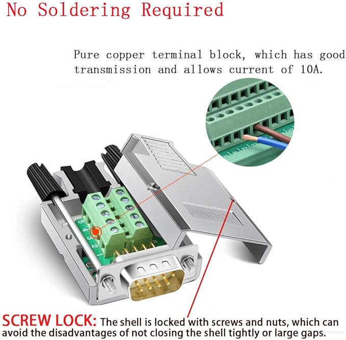 2PCS DB9 Breakout Connector, Solderfree Metal Shell RS232 D-SUB Serial to 9-Pin Port Terminal Male Adapter Connector Breakout Board with Case
