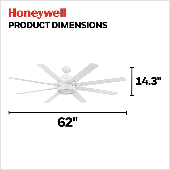 Honeywell Ceiling Fans Xerxes Modern 62 Inch Ceiling Fan with Light, Remote Control Fan, LED Indoor Fan with 8 Blades, White and Gray Wash Blade Finish Options, White (51628-01)