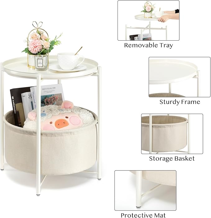 danpinera Round Side Table with Fabric Storage Basket, Metal Side Table Small Bedside Nightstand with Removable Tray Top for Living Room, Bedroom, Nursery, Laundry, White