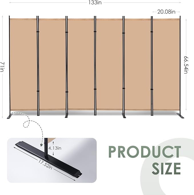 RANTILA 6 Panel Room Divider, 6 FT Folding Privacy Screen with Wide Feet, Freestanding Partition for Room Separation, Portable Room Divider Panel, 133" W x 71" H, Beige