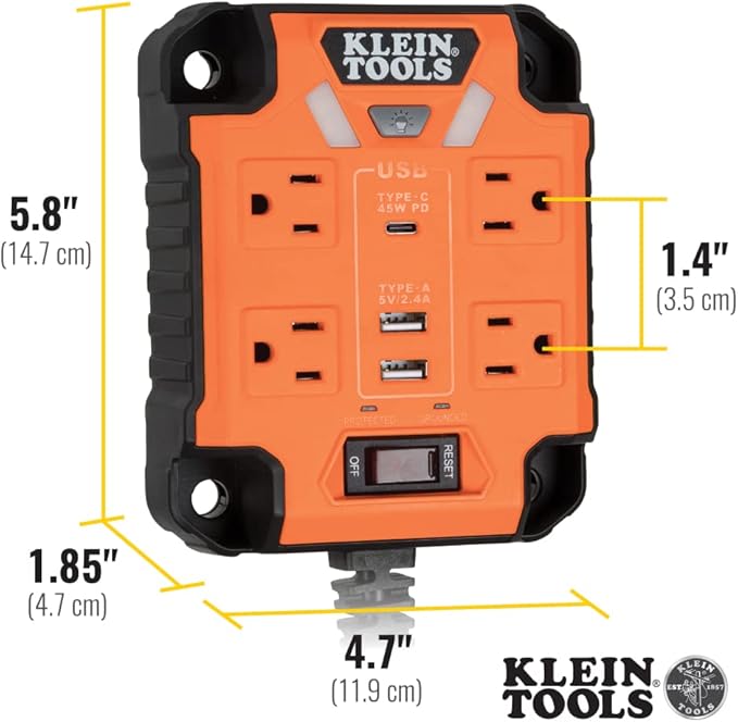 Klein Tools 29601 Magnetic Power Strip with Surge Protector, Extension Cord, 4 Outlets, 3 USB Ports, 5-Foot Cord, Power Supply Box with Light, PowerBox 1, Heavy Duty