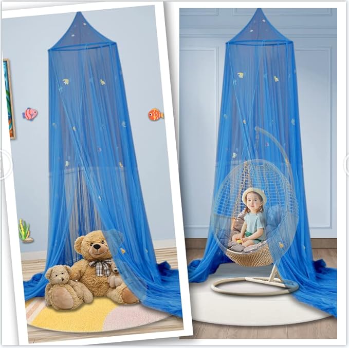 South to East Bed Canopy for Children with Glowing Marine Life, Blue Bed Curtains for Kids & Toddler Beds, Twin, Full & Queen, Mosquito Net Canopy for Boys Bedroom