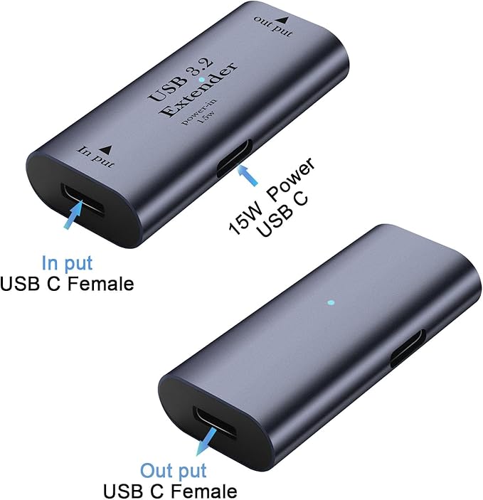 QIANRENON USB C Signal Amplifier Extender Adapter Extension 10m/32.8ft USB C 3.2 Long Distance Charging Data Connector 5Gbps 5V/3A, Built-in Chip/LED/Al Alloy Shell, with USB C 15W Power Port