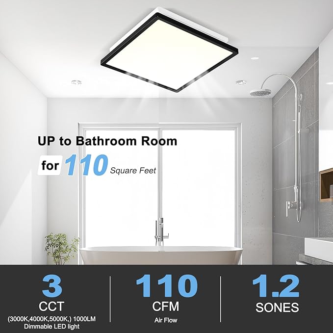 Tech Drive Modern Black Bathroom Exhaust Fan with Light, 110CFM, 1.2Sone, 1000lm Dimmable 3CCT LED Light, Energy Star Certified,Decorative Black Trim