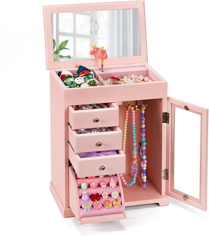 Miratino Jewelry Box for Girls, Kids Jewelry Box with Spinning Dancer, 5 Layer Large Wooden Musical Jewelry Organizer Box Gifts for Little Girls Christmas New Year Birthday Children's Day(Pink)