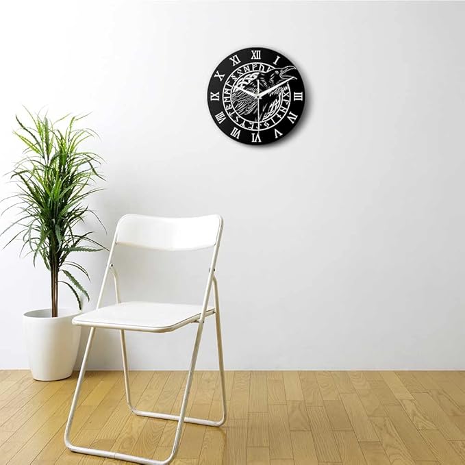 Geek Alerts Cawing Black Crow with Roman Numerals Silent Wall Clock 12inch Viking Odin Raven with Scandinavian Runes Battery Operated Quartz Watch