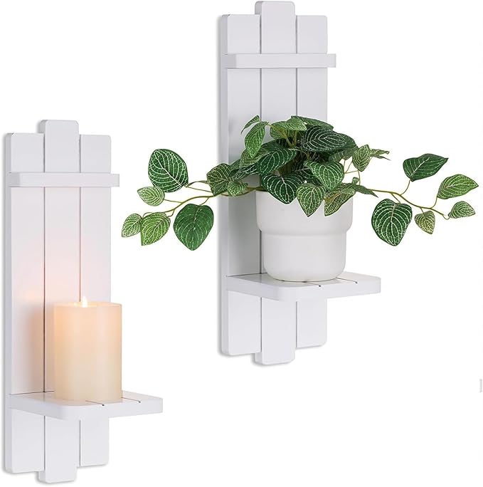 White Wall Candle Holders - Decorative Candles Sconces for Wall Decor Boho Floating Shelf Rustic Wooden Decor for Bedroom Bathroom