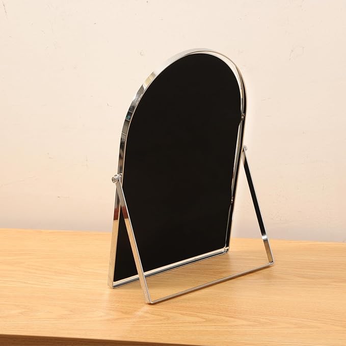 Silver Metal Mirror Vanity Table Desk Arch Makeup Mirror 90°Adjustable Rotation Framed Standing Mirrors Room Decor for Living Room,Bedroom,Tabletop,Bathroom