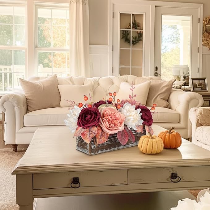 DILATATA Fall Decor Autumn Harvest Pumpkins Centerpiece - Artificial Rose Chrysanthemum Flowers Berries Arrangement in Rectangle Wooden Box for Thanksgiving Party Mantel Fall Decor