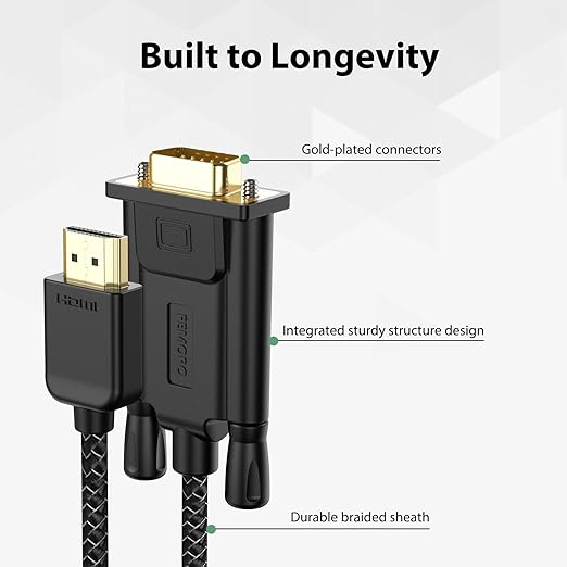 FEMORO HDMI to VGA Cable 6 Feet Male to Male Nylon Braided Cord 1080P@60Hz for Laptop, Desktop Computer PC, Xbox, PS3, Raspberry Pi to Monitor (UniDirectional)