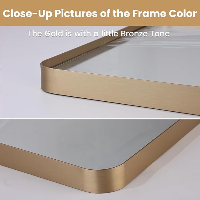 LOAAO 50”X30” Gold Bathroom Mirror, Rounded Rectangle Gold Frame Mirror, Brushed Gold Bathroom Vanity Mirror Wall-Mounted, Anti-Rust, Tempered Glass, Hangs Horizontally or Vertically