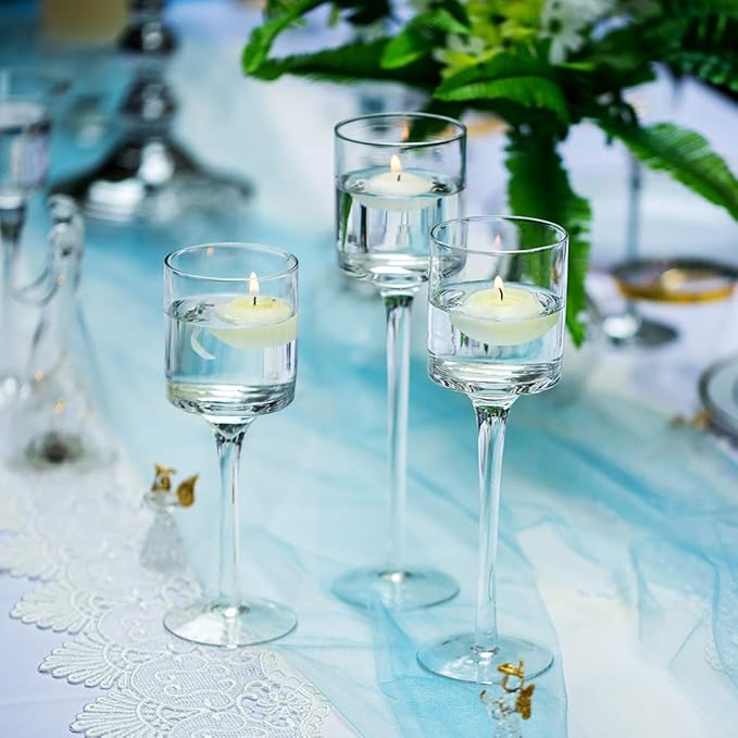 NUPTIO Stemmed Candle Holders Bulk: Set of 18 Tea Light Holders for Floating Pillar Candles - Clear Monet Candle Stands for Wedding Table Centerpiece Decor