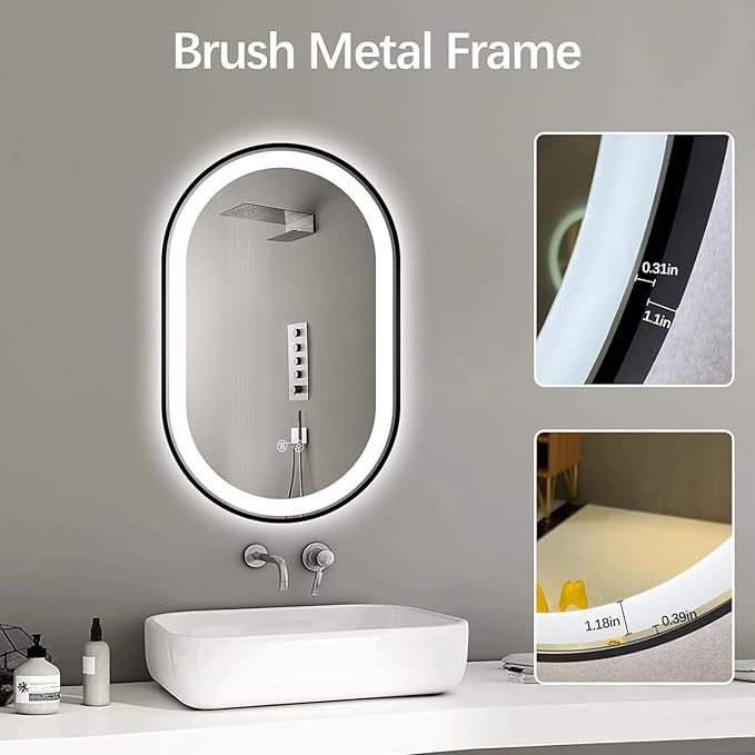 Niccy Oval LED Mirror for Bathroom, 40x24 Front Lit + Backlit Vanity Mirrors with Light Anti-Fog, Shatter-Proof, 3 Colors, Makeup Mirror with Black Frame (Horizontal/Vertical)
