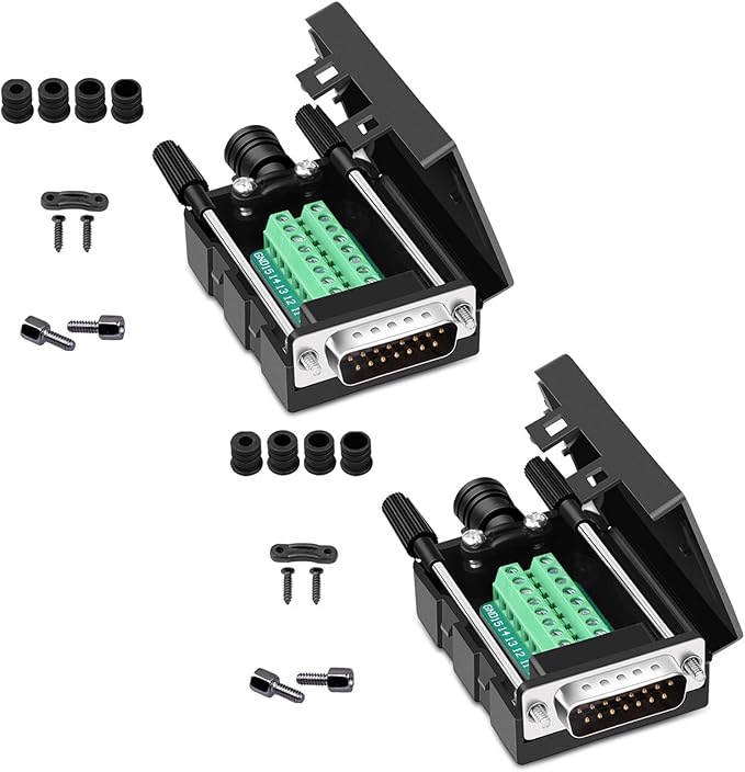 DB15 Solderless Serial to 15-pin Port Terminal Male Adapter Connector Breakout Board with Case Long Bolts Nuts (2PCS Male)