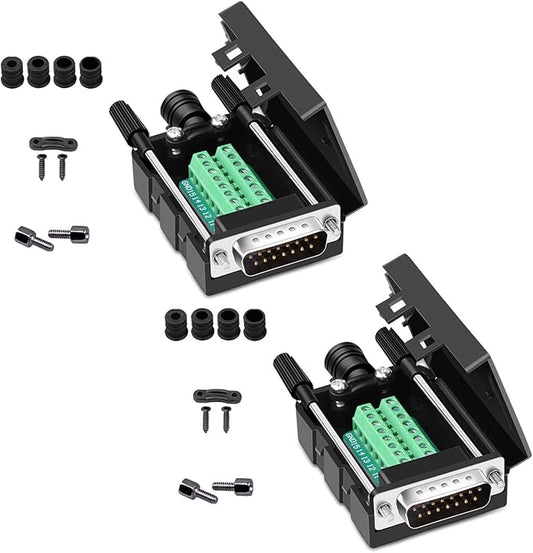 DB15 Solderless Serial to 15-pin Port Terminal Male Adapter Connector Breakout Board with Case Long Bolts Nuts (2PCS Male)