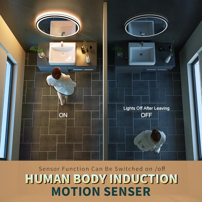 LED Sensor Mirror, Round Human Body Induction, Black Framed Vanity Mirror, Illuminated Dimmable Anti Fog IP44 Waterproof Wall Mounted Mirror (Human Sensor, 36"*36")
