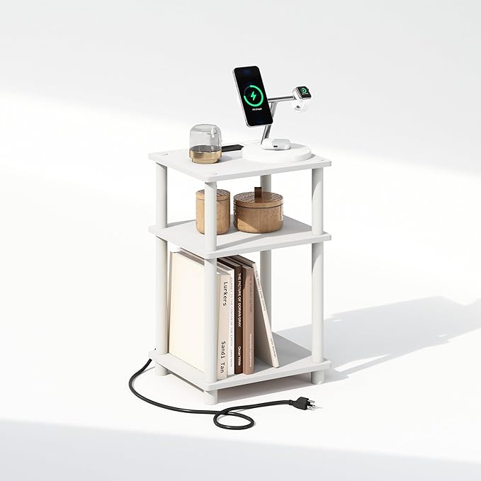 Furinno JUST Night Stand, 3-Tier Turn-N-Tube Nightstand with Charging Station, Bedside Table, End Table, Side Table with USB and Type-C Charging Port, for Bedroom, Living Room, White