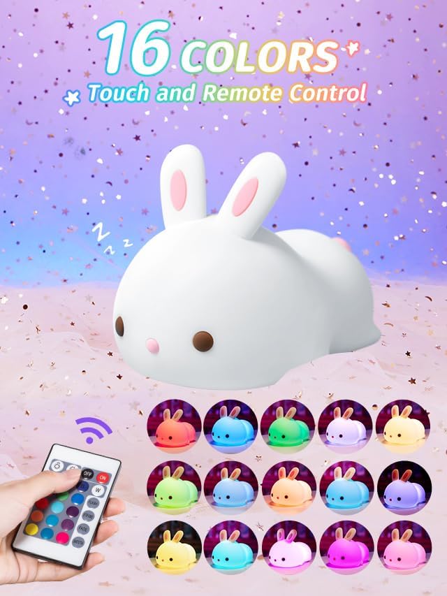 Mubarek Cute Night Light for Kids,16 Colors Kids Night Light for Girls Bunny Lamp,Dimmable Bunny Lamp,Tap Control+Rechargeable Gifts for Teen, Cute Room Decor for Teen Girls Gifts