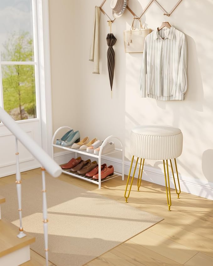 IBUYKE Velvet Storage Footrest Stool Ottoman, Makeup Vanity Stool Side Table with Golden Steel Legs Removable Cover, Coffee Table Top Cover, Creamy-White LG-20M