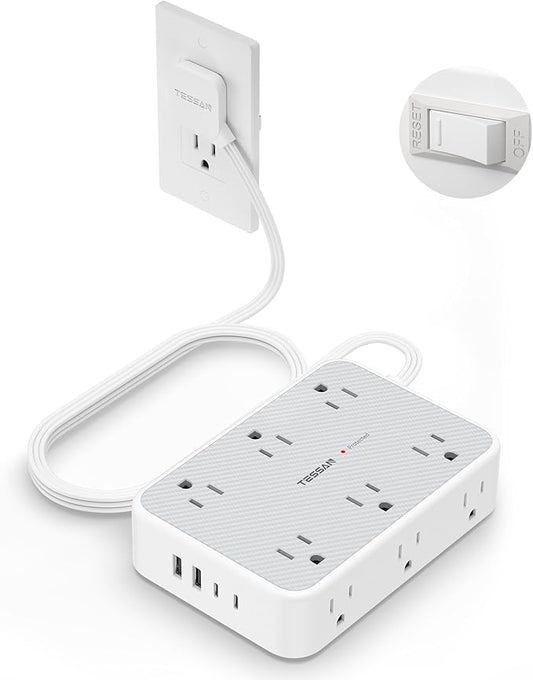 TESSAN Surge Protector Power Strip, 10FT Flat Extension Cord with Multiple Outlets, 12 Outlet Extender with 4 USB (2 USB-C), Flat Plug Power Strip, 1800J Surge Protection, Office, Dorm Essentials