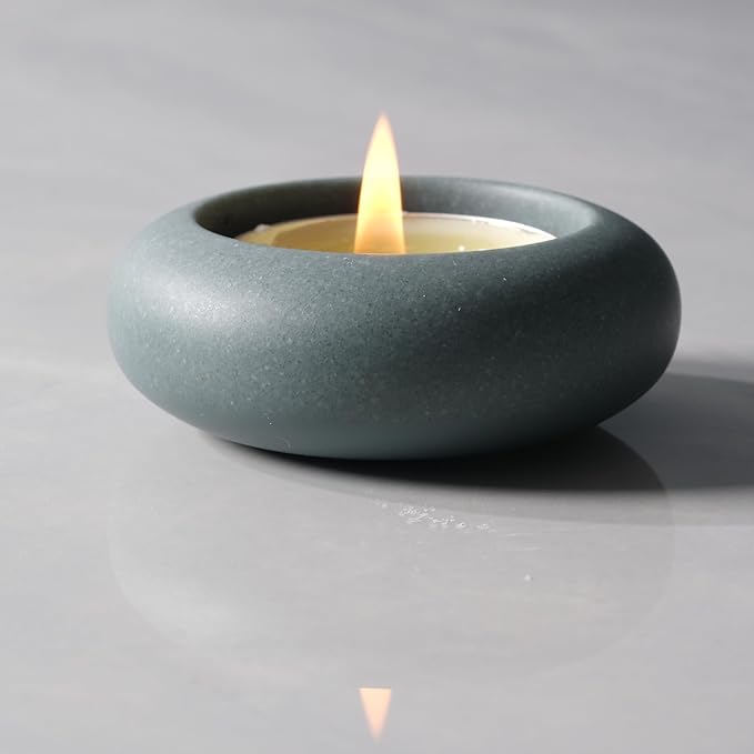 Handmade Decorative Pebble Tealight Candle Holders Set of 8 - Handcrafted Home Decor Accent for Calming Earthy Aesthetic Cement Grey Blue Diameter 2.6 inches