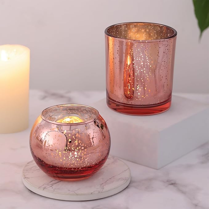 10 Pcs Assorted Rose Gold Candle Holders, Larger Size Mercury Glass Votives for Wedding, Rose Gold Birthday Decorations, Votive Candle Holders for Valentines/Bridal Shower/Sweet 16 Party Favors
