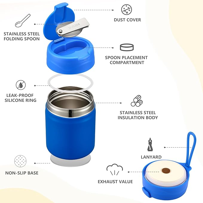 17oz Soup Thermo for Hot Food Kids Insulated Vacuum Food Jar with Stainless Steel Spoon Wide Mouth Thermo Leakproof Lunch Food Container Kids Hot Lunch Box (Blue)