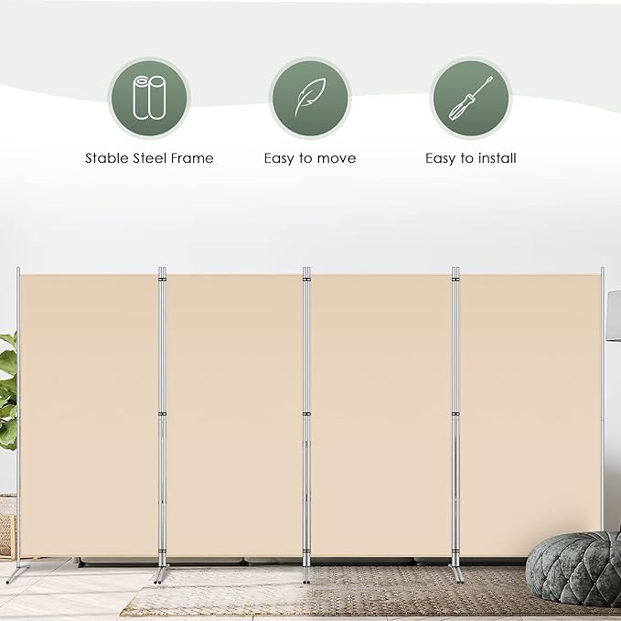 RANTILA 4 Panel Room Divider, 6 Ft Tall Folding Privacy Screen Room Dividers, Freestanding Room Partition Wall Dividers, 136''W x 20''D x 71''H, Beige