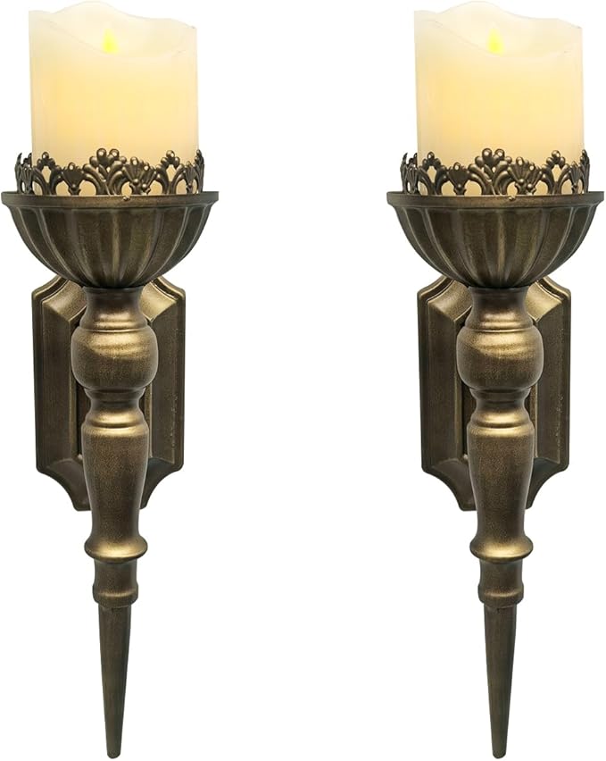 Gold Candle Sconces Set of 2 - Metal Wall Candle Holders for Pillar - Vintage Brass Wall Décor for Living Room Bathroom Dining Room