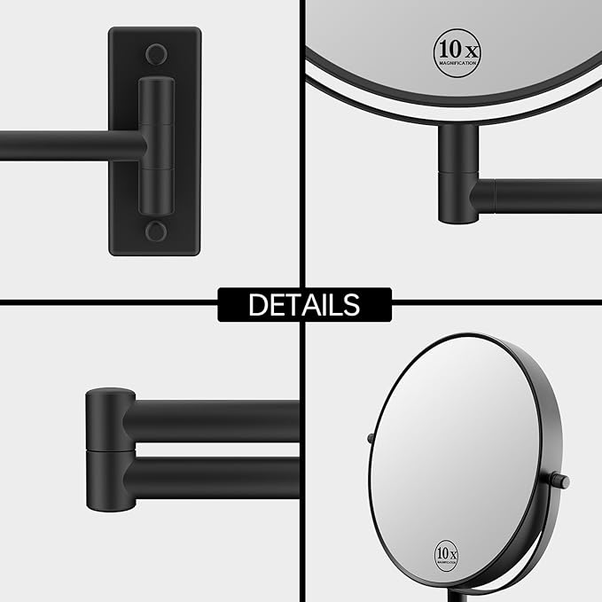 Wall Mounted Magnifying Makeup Mirror with 1X 10X Magnification and Extendable Arm, 8 Inch Double Sided Vanity Mirror for Bathroom, Wall Mirror for Teen Girls, Women, Matte Black